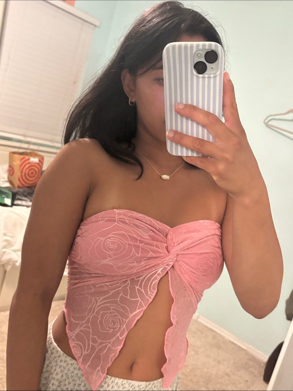 SHEIN Pink Lace Twist-Front Strapless Crop Top